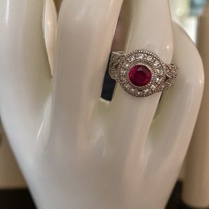 Fashion Silver Tone ruby red and white stone ring size 7